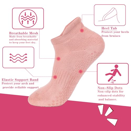 Non-Slip Pilates Socks with Grips - Cotton Yoga Barre Socks - Grey/Black/Pink