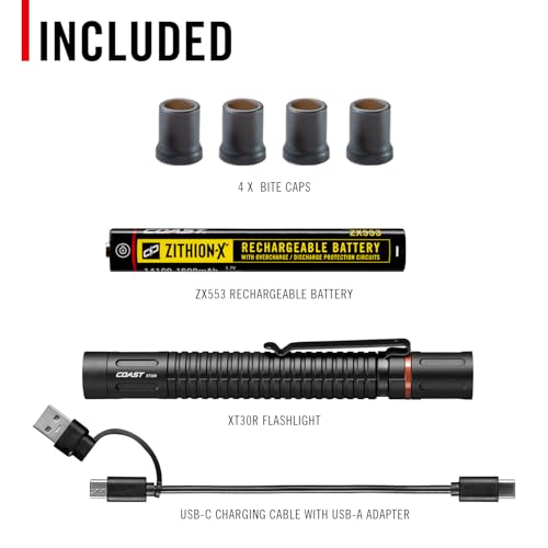 Coast XT30R 1000 Lumen Rechargeable LED Pocket Flashlight, 5 Light Modes with 2-Way Clip and Bite Caps Included