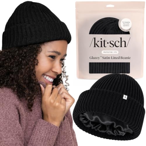 Kitsch Glazey Satin Lined Beanie Black – Cozy Winter Hat for All Hair Types