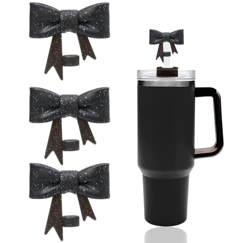 Glitter Black Bow Straw Covers - 3 Pcs Silicone Toppers for Stanley 30 & 40 oz Tumblers
