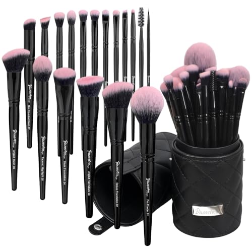 Bueart Design 18Pcs Pro Deluxe Makeup Brush Set with Fuchsia & Black Brush Holder