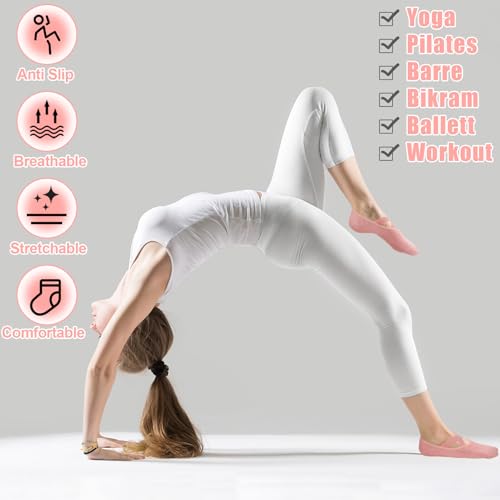 Pilates Socks with Grips for Women - 5 Pairs with X-Cross Straps