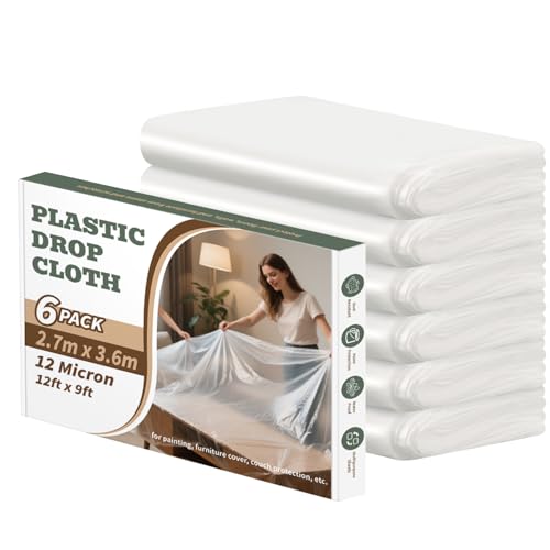 Plastic Drop Cloth, 6 Piece Drop Cloth for Painting, 360 X 270 CM, Waterproof and Dust-Proof Clear Cloth, Paint Tarps Drop Cloth for Furniture Cover