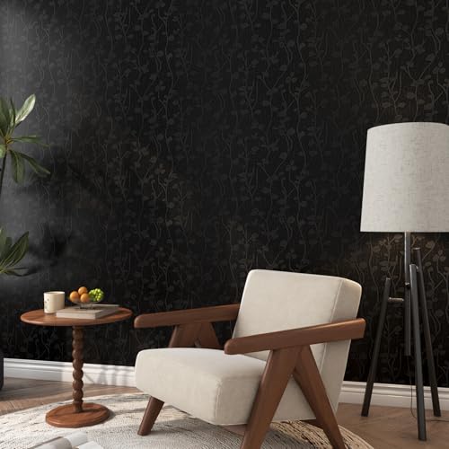 ReWallpaper Black Twig Floral Wallpaper Peel and Stick Vintage Prepasted Bathroom Wall Paper Waterproof Decorative Contact Paper for Cabinets Cabinet Vinyl Wrap 17.7in¡¿6.5ft Dark Moody Gothic Motif