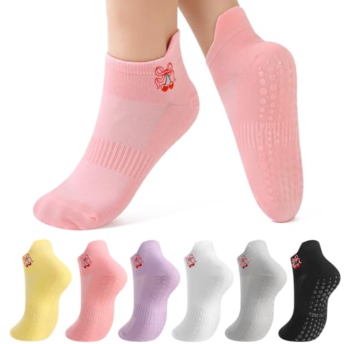 Grippy Non-Slip Pilates Socks for Women - 6 Pairs Red Cherry