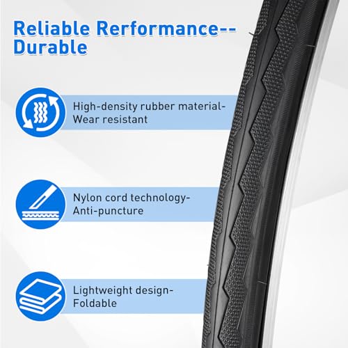 Midcos 700x28c Road Bike Tires with Inner Tubes & Levers, Foldable, Puncture Proof
