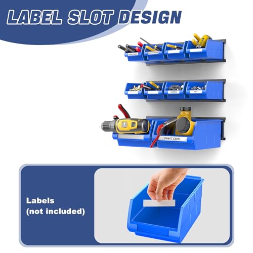 WALMANN Wall Mounted Storage Bins for Small Parts, 10 Bins with 3 Metal Rails, Plastic Wall Bins for Screws, Bolts, Nuts, Craft Room, Workshop, and Garage Storage Bins(Blue)