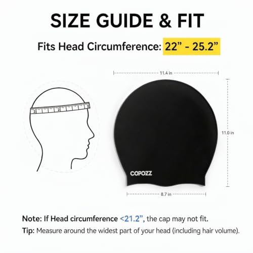 COPOZZ Black Extra Large Swim Cap for Braids & Long Hair - Comfortable Silicone Design