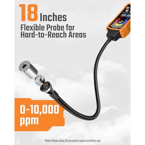 Natural Gas Detector with 18-Inch Gooseneck, Gas Leak Detector for Home, Gas Sniffer with Temp/Humidity, Audible & Visual Alarm, Locating The Source Like Propane Methane for RV (Includes Battery x6)