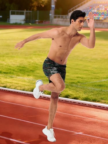 Men's 7 Inch Quick Dry Running Shorts with Zipper Pockets - Green Camo, Large