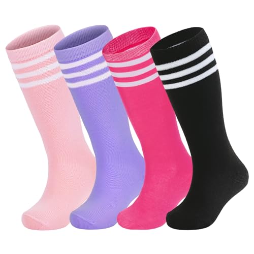 Kids Soccer Socks 4 Pairs Youth Knee High Athletic Youth Boys Girls Purple/Black/Hot Pink 6-9 Years