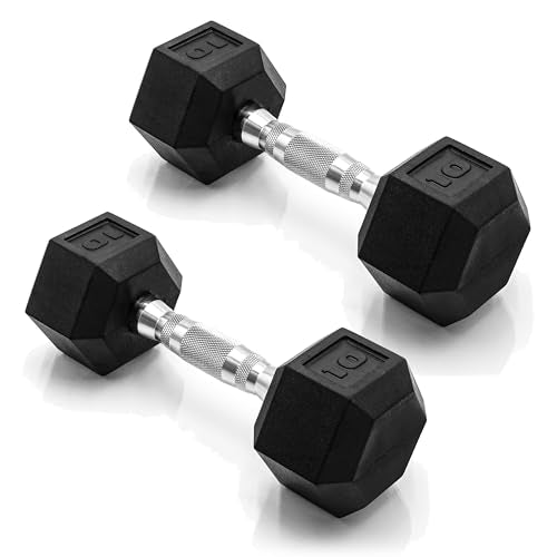 CAP 10 lb Chrome Handle Rubber Coated Dumbbell Set - Anti-Roll Hex Weights