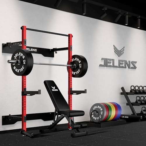 Folding Squat Rack - Wall Mounted Power Cage - Red