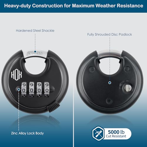 HOX Combination Lock, 4 Digit Disc Padlock with 3/8 Inch Hardened Steel Shackle, 2-3/4 Inch Zinc Alloy Wide Body, Keyless Heavy Duty Combo Lock for Hasp Latch, Sheds, Fences, Storage Locker (4 Pack)