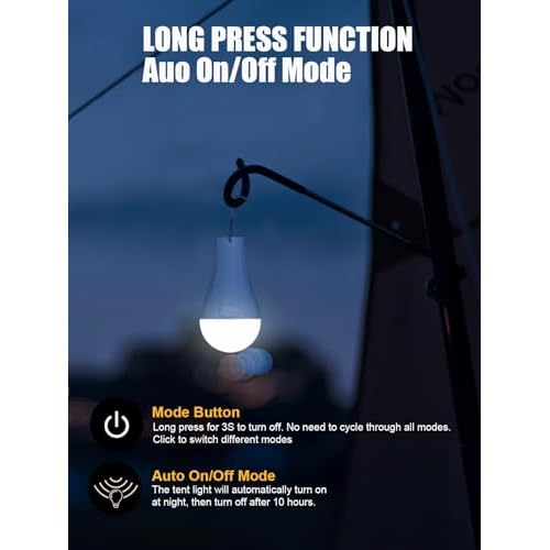 Rechargeable Camping Light Bulbs - Hanging LED Tent Lights with Auto On/Off Mode, 3 Brightness Levels, USB Rechargeable for Home Emergency, Camping, Hiking, Hurricane (4-Pack)