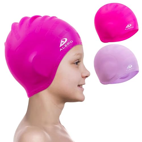 Alepo Kids Swim Cap 2 Pack Rose Red & Purple, 3-8/8-15 Years, Durable Silicone with 3D Ear Pockets