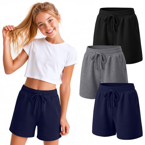 3 Pack Girls Athletic Shorts - Navy Blue, Dark Gray, Black
