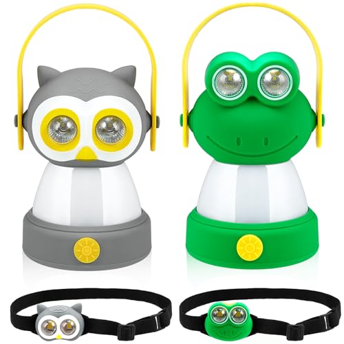 VIHOSE 2 Set Kids LED Camping Lantern and Headlamp 4 Pcs Animal Themed Camping Equipment Nightlight Battery Powered Night Light for Emergency Hurricane Lightweight Tent Lamp for Children