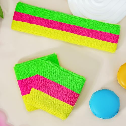 Ronglry 80s Neon Sweatbands Set with Color Mixing - Women's Sports Headband & Wristband for Glow Parties Halloween