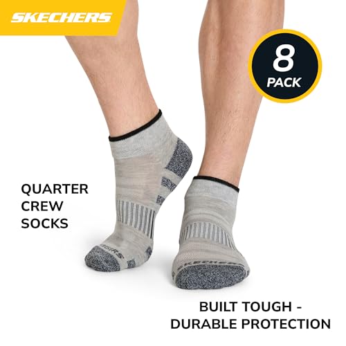 Skechers Men's 8-Pack Work Quarter Crew Socks - Extended Cushion & Mesh Ventilation, Cool Grey/Steel Grey, Size 10-13