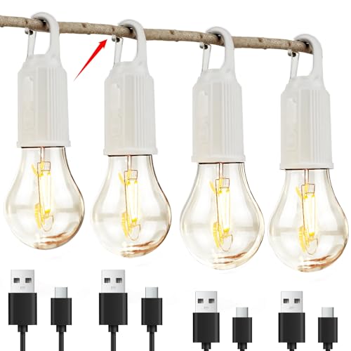 4 Pack Camping Lights Rechargeable, Hanging Tent Lights Bulb with Hook, Timer Function, 3 Lighting Modes Tent Lamp for Camping, Hiking, Backpacking, Emergency Outage (White)