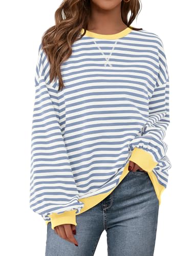Striped Oversized Sweatshirt - Lightweight Fall Pullover Top - Small Blue Beige