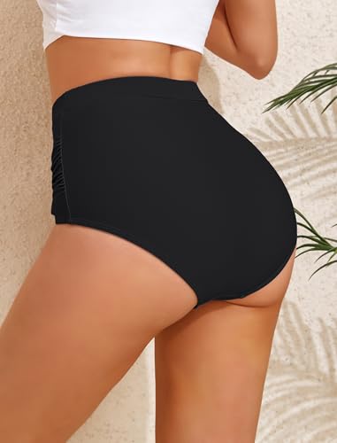 High Waisted Bikini Bottoms - Classic Black, Ruched Full Coverage