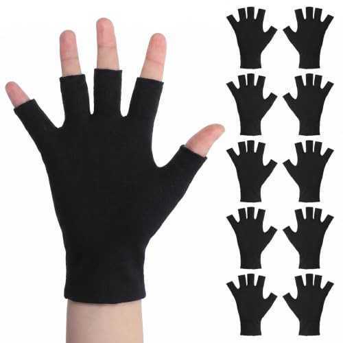 Cotton Gloves for Women - Fingerless Black Open Fingertips - 5 Pairs