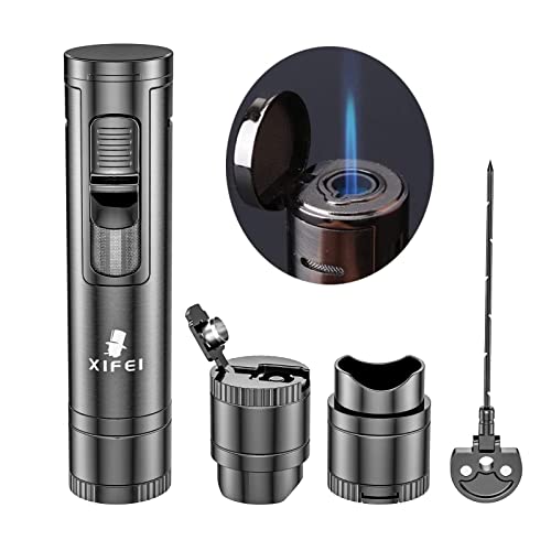 XIFEI Gun Ash Cigar Lighter with Puncher, Draw Enhancer & Stand – Refillable Windproof Torch