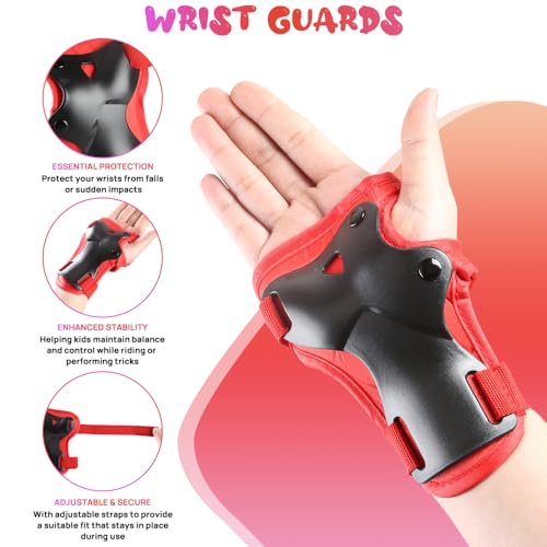 Kids Protective Gear Set - Knee Pads, Elbow Pads & Wrist Guards - Red, Small