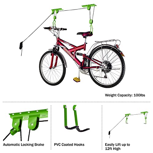 Rad Sportz 2-Pack Bike Hanger Set with Overhead Pulley System, Neon Green