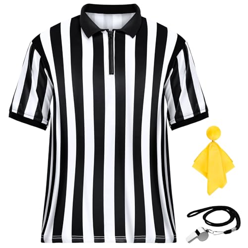 Men's Referee Costume Kit - Striped Shirt, Whistle & Flag - Large