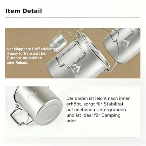 THTYBROS 0.8 Quart Titanium Camping Mug with Foldable Handle & Lid - Ultralight Cookware