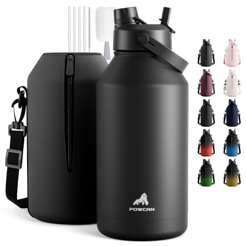 Midnight POWCAN 64oz Insulated Water Bottle with Straw & Spout Leakproof Lid & Shoulder Strap