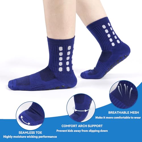 Kids Grip Soccer Socks - Cushioned Non-Slip Athletic Socks - Medium Black+White+Blue