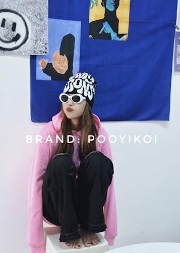 Y2K Beanie Hat - Knitted Wool Pullover with Letter & Star Print - Pink, One Size