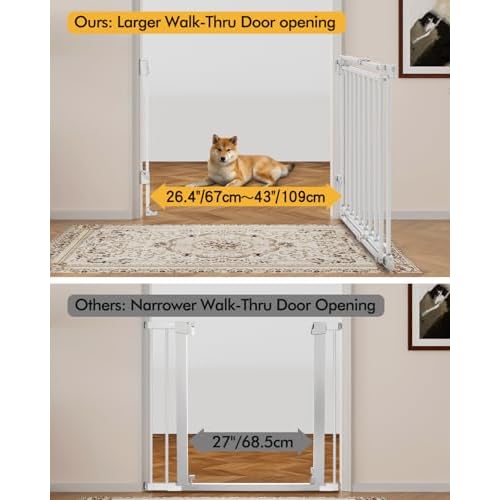 Baby Gate for Stairs Doorways & Kitchen, 26.4"-43" W x 29" H, No Bottom Bar Dog Gate, One-Handed Auto-Close, Hardware Mount Safety Gate for Dogs & Toddlers, White