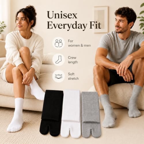 Tabi Socks - 3 Pairs Soft Cotton Split Toe Crew Socks