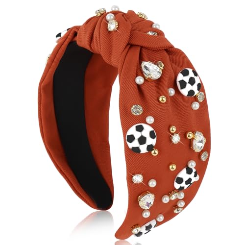 Soccer Knotted Headband for Women - Crystal Embellished Orange