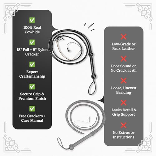LB'S WHIP 6ft Cowhide Leather Bullwhip for Equestrian Sound Practice & Costume