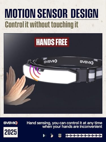 SVSVIIO Rechargeable LED Headlamp with Motion Sensor & Red Light for Camping Hiking Mechanics
