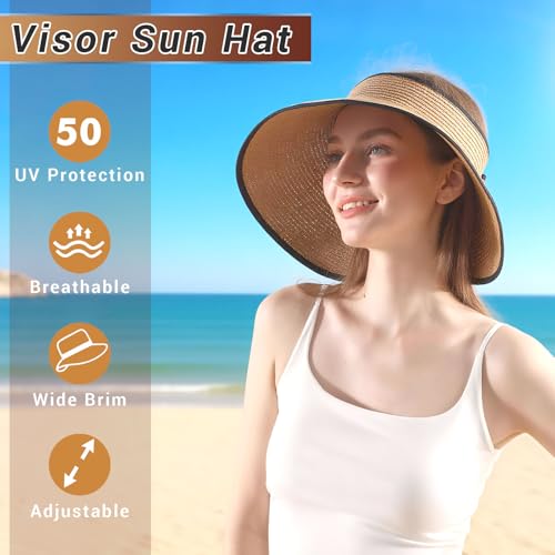 Wide Brim Straw Sun Visor Hat for Women - Khaki, Foldable & Packable