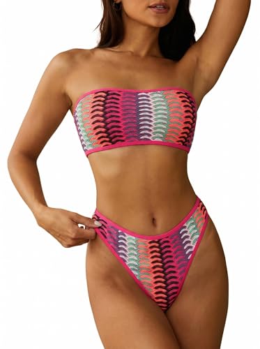 ZAFUL Women Strapless Bandeau Bikini Set Medium Rose Red 2-Piece Swimwear