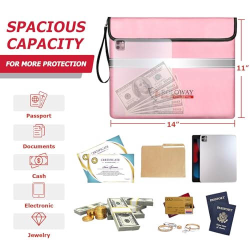 ROLOWAY Fireproof Document Bag (14 x 11 inch) with 5200¢µ Upgraded Aluminum Foil Layer, Fireproof Bag for Documents with Reflective Strip and Zipper (Pink)