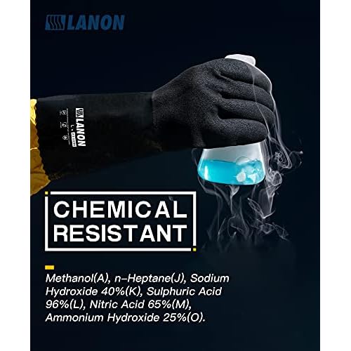 LANON 3 Pairs Nitrile Chemical Resistant Gloves, Reusable Heavy-Duty Rubber Gloves with MicroFoam Textured Palm, Acid, Alkali and Oil Protection, Black, Large
