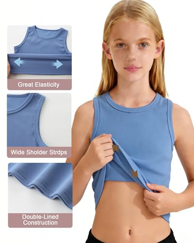 Girls Ribbed Knit Crop Tank Top - Crew Neck Sports Shirt - 13-14 Years Blue