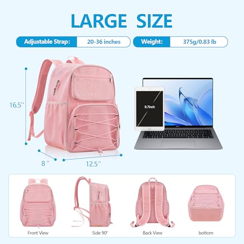 Paxiland Pink 27L Mesh Backpack Heavy Duty See-Through Beach Bag