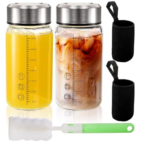 WRINGKIT 2 Pack 12oz Glass Juicer Bottles with Airtight Stainless Steel Lids