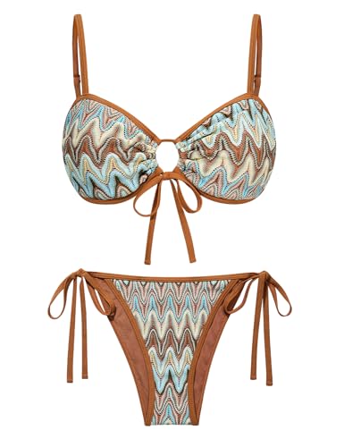 Ribbed Colorblock Stripe Bikini Set - Cheeky Side Tie - Brownish Blue, M