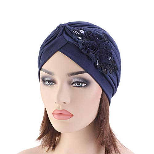 Qianmome Women's Sequin Flower Turban Head Wrap Black - Elegant Muslim Beanie